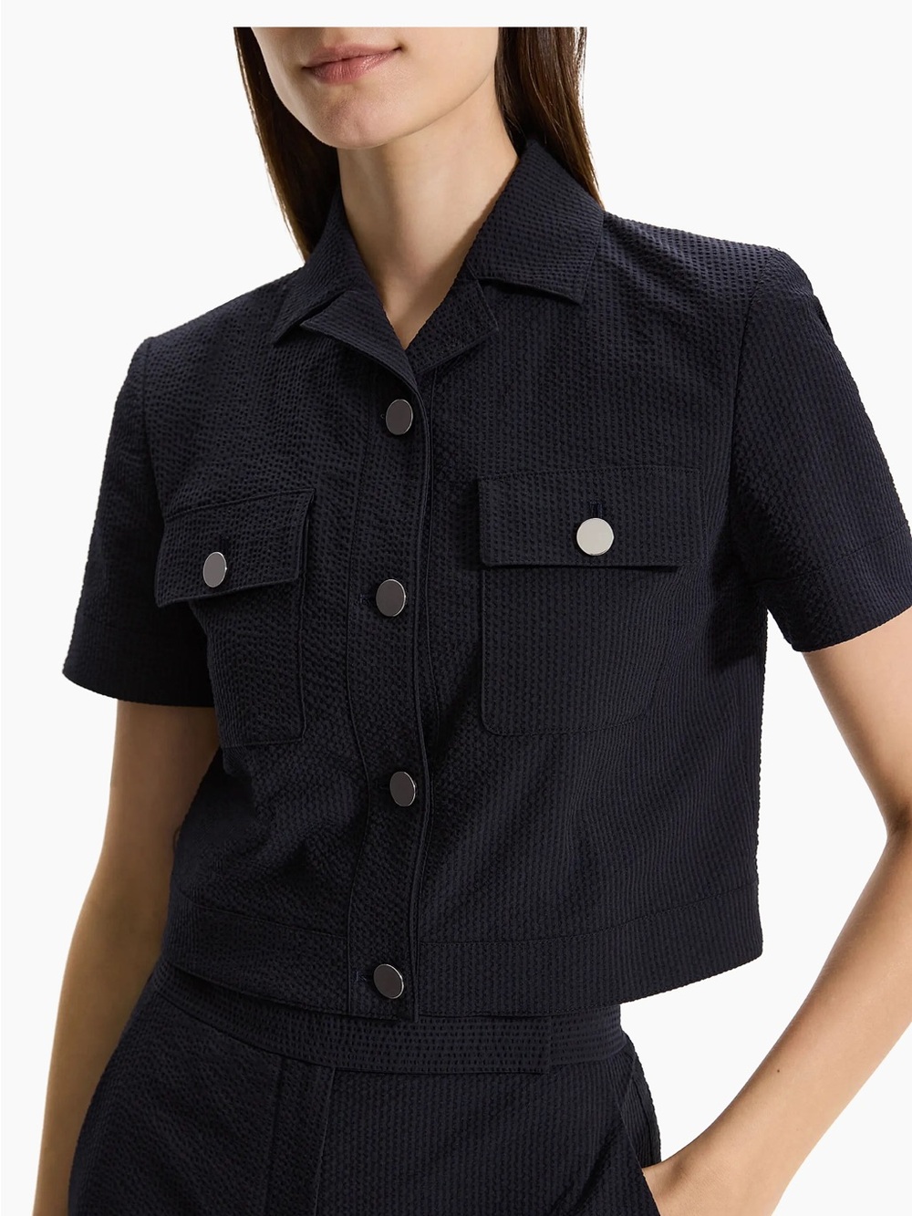 Theory Navy Textured Shrunke Cotton-Blend Button Front Crop Shirt - 8